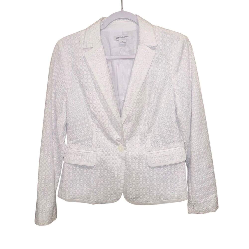 NWT Liz Claiborne White Eyelet Embroidered 100% Cotton Blazer Jacket Size S $70